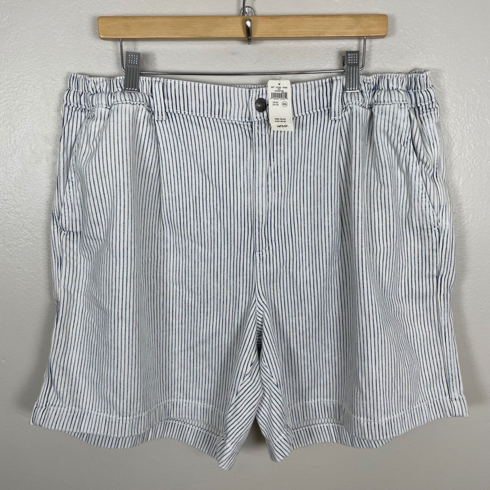 Aerie Women's XL Shorts White Blue Striped Hickory High Rise Elastic Back NEW